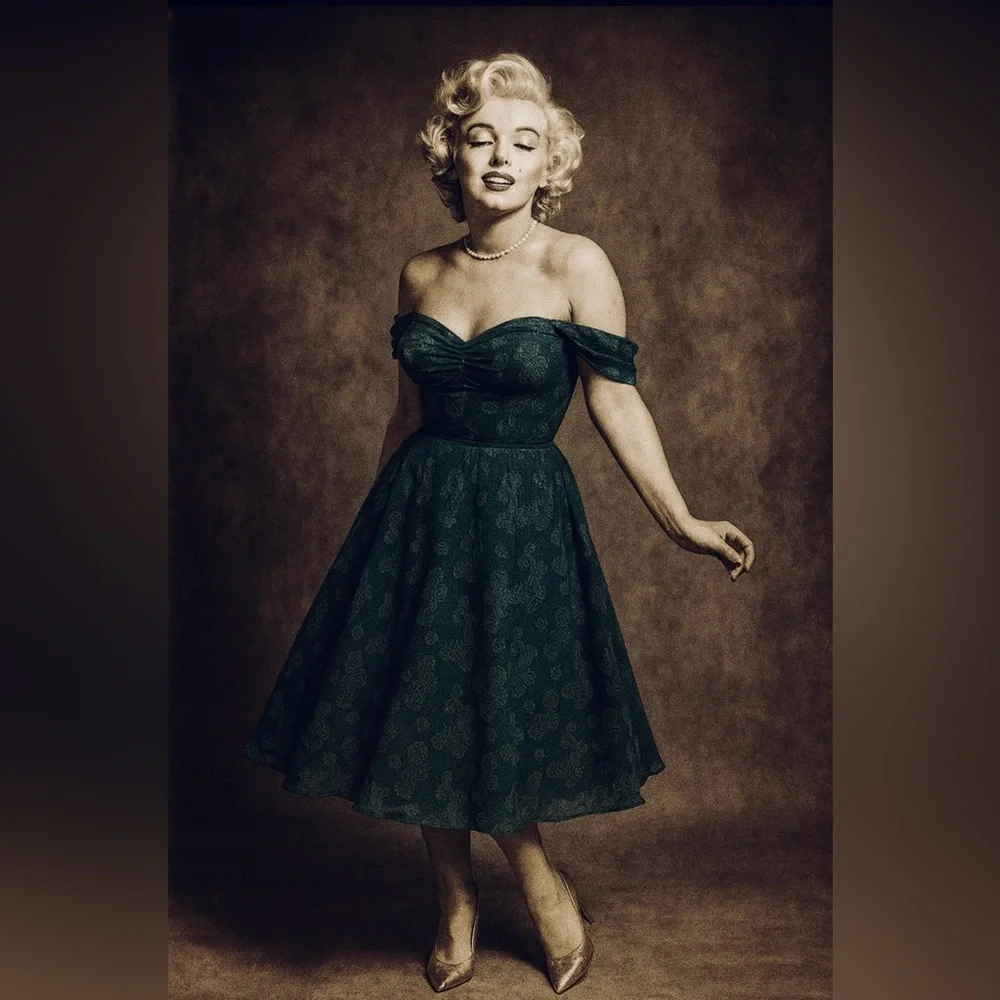 Unique Vintage 1950s Teal Green Jacquard Off Shoulder Flare Dress, Size  XL, NWT - Picture 14 of 15